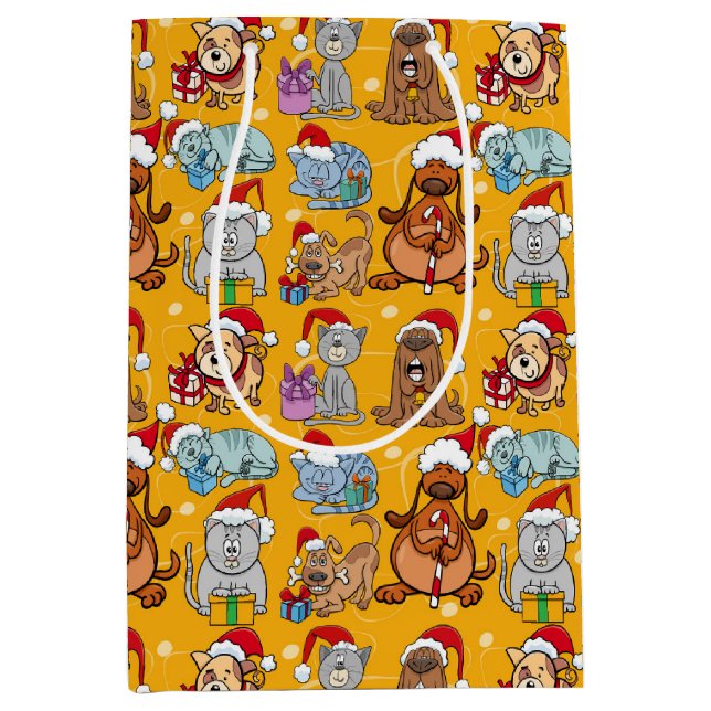 Sacola Para Presentes Média Cães e Gatos Festivos de Natal  (Frente)