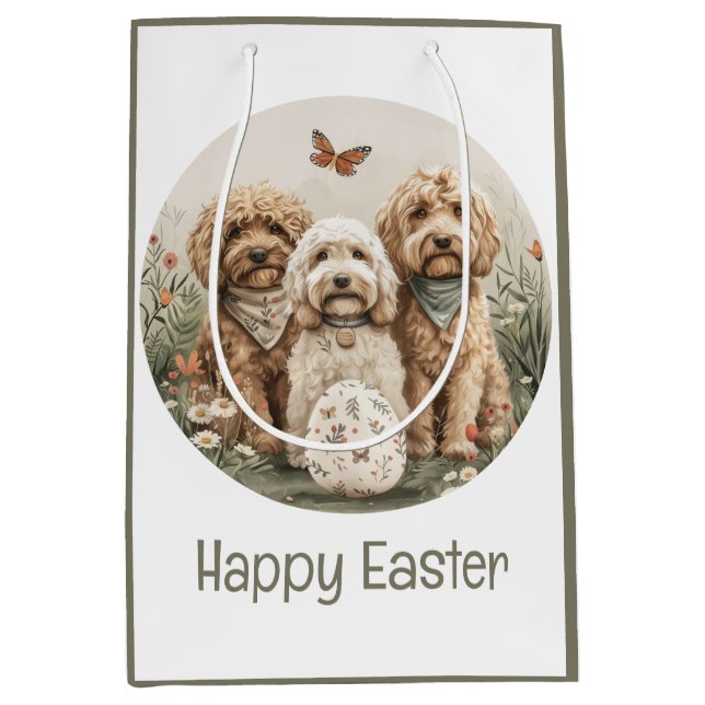 Sacola Para Presentes Média Cães Goldendoodle Feliz Páscoa (Frente)