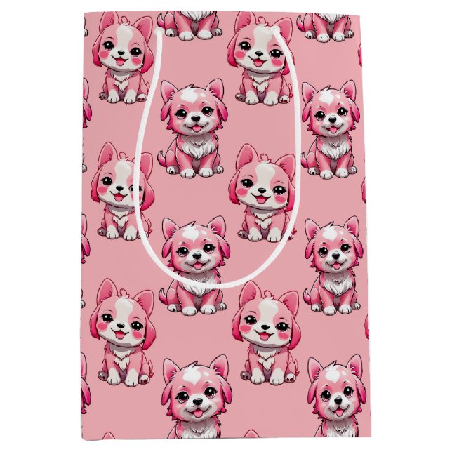 Sacola Para Presentes Média Cães Rosa Fofos (Frente)