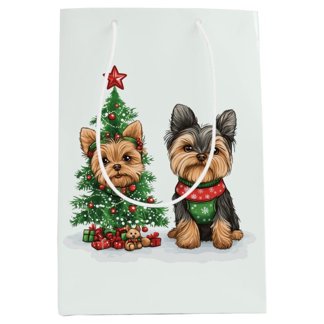 Sacola Para Presentes Média Cães Yorkie de Natal (Frente)
