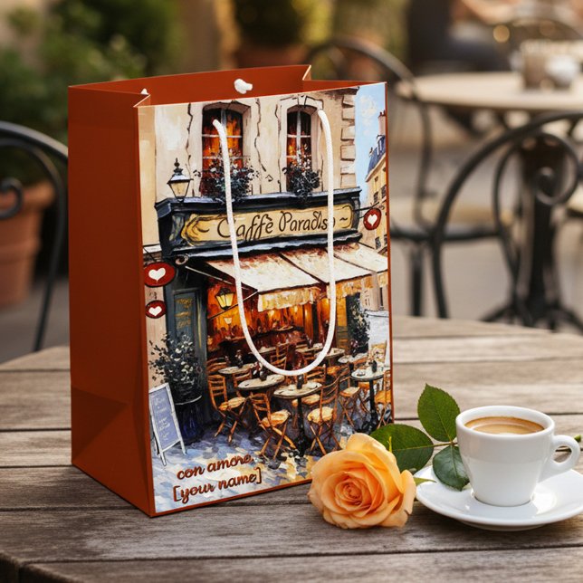 Sacola Para Presentes Média Café Italiano em Aquarela (Gift bag featuring a watercolor painting of an Italian café)