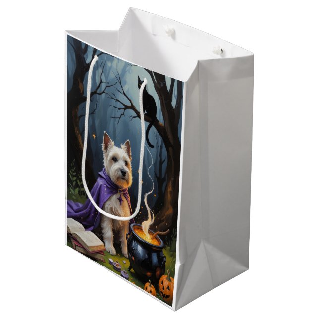 Sacola Para Presentes Média Cairn Terrier Dog Whimsical Halloween Painting (Frente inclinada)