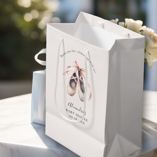 Sacola Para Presentes Média Calçados Ballerina Arco Rosa Chá Dourado Baby Girl (ballerina gift bag ballet shoes pointe dance pink faux gold glitter elegant watercolor)