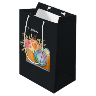Sacola Para Presentes Média Câmera alaranjada de Boho & aguarela do buquê