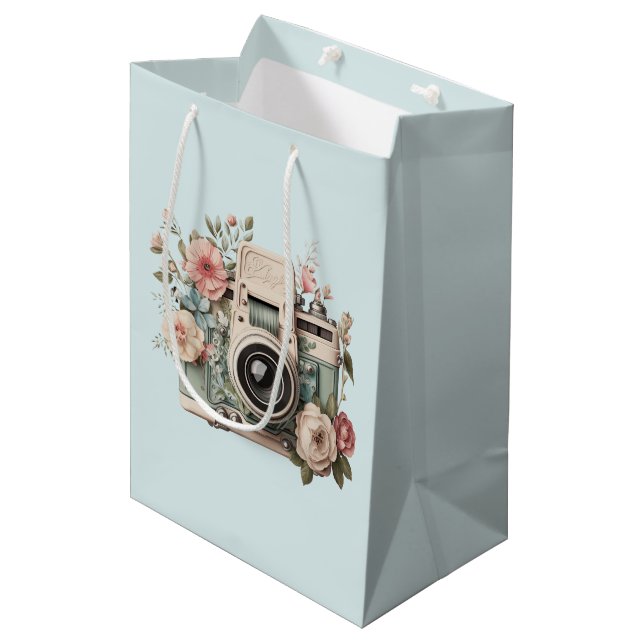 Sacola Para Presentes Média Câmera com Imagem Retro Pastel de Flores (Frente inclinada)