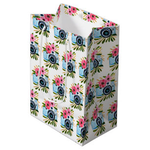 Sacola Para Presentes Média Câmeras Antigas e Flores Rosa Aniversário