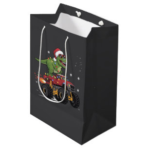 Sacola Para Presentes Média Caminhão Monstro de Natal do Dinossauro T-Rex