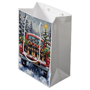 Sacola Para Presentes Média Caminhão Vermelho de Natal Schnauzer Férias