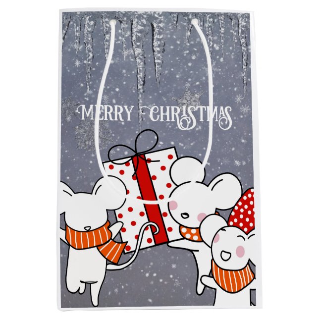 Sacola Para Presentes Média Camundongos de Natal felizes (Frente)