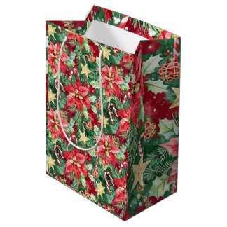 Sacola Para Presentes Média Cana de Açúcar Floral de Férias Vermelha e Verde