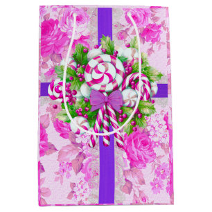 Sacola Para Presentes Média Candy Cane Pink Natal