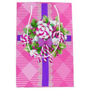 Sacola Para Presentes Média Candy Cane Purple e Pink Natal