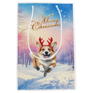 Sacola Para Presentes Média Canteiros de Corgi Reindeer de Natal saltando em n