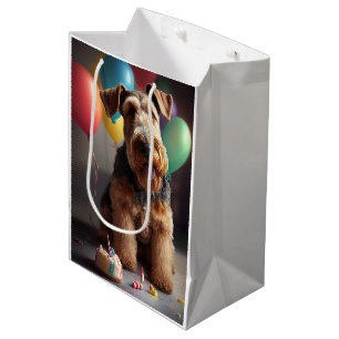 Sacola Para Presentes Média Cão Airedale com bolo e balões