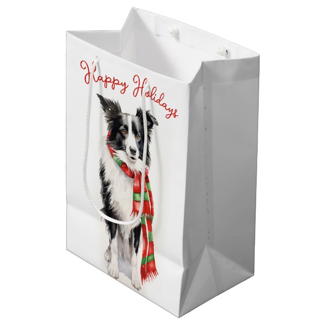 Sacola Para Presentes Média Cão Collie da Fronteira de Natal (Frente inclinada)