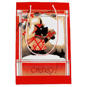 Sacola Para Presentes Média Cão escocês de Natal de 1930 diz "Cheerio"
