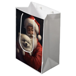 Sacola Para Presentes Média Cão Esquimó Americano com Papai Noel Natal Festivo