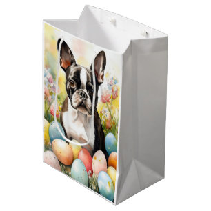 Sacola Para Presentes Média Cão Terrier de Boston com Ovos da Páscoa Feriado