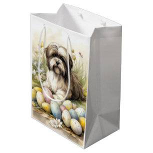 Sacola Para Presentes Média Cão Terrier Tibetano com Ovos da Páscoa Feriado