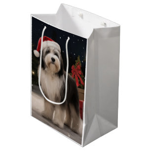 Sacola Para Presentes Média Cão Terrier Tibetano na Neve Natal 