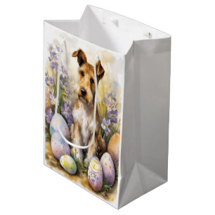 Sacola Para Presentes Média Cão Terrier Wirefox Com Ovos de Páscoa Feriado