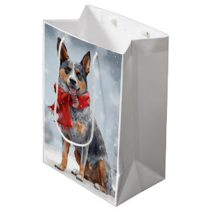 Sacola Para Presentes Média Cão Touro Australiano na Neve Natal