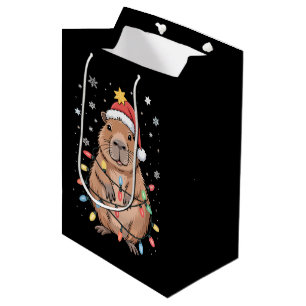 Sacola Para Presentes Média Capivara de Natal com Chapéu de Papai Noel Luzes d