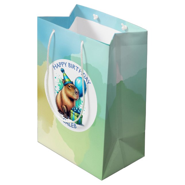 Sacola Para Presentes Média  Capybara Themed Boy's Birthday Party Personalized (Verso inclinado)