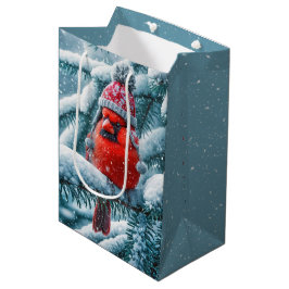 Sacola Para Presentes Média Cardinal Vermelho do Natal Usando Chapéu de Invern