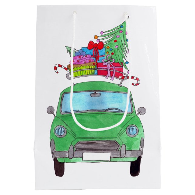 Sacola Para Presentes Média Carro Verde com Dobras de Natal (Verso)