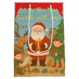 Sacola Para Presentes Média Cartão de Ano Novo de Natal com Papai Noel e Elfos