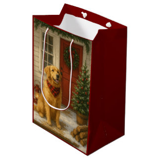 Sacola Para Presentes Média Cartão de Natal do Retriever Dourado