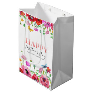 Sacola Para Presentes Média Cartão de Saudação de Mães Felizes e Florais Branc