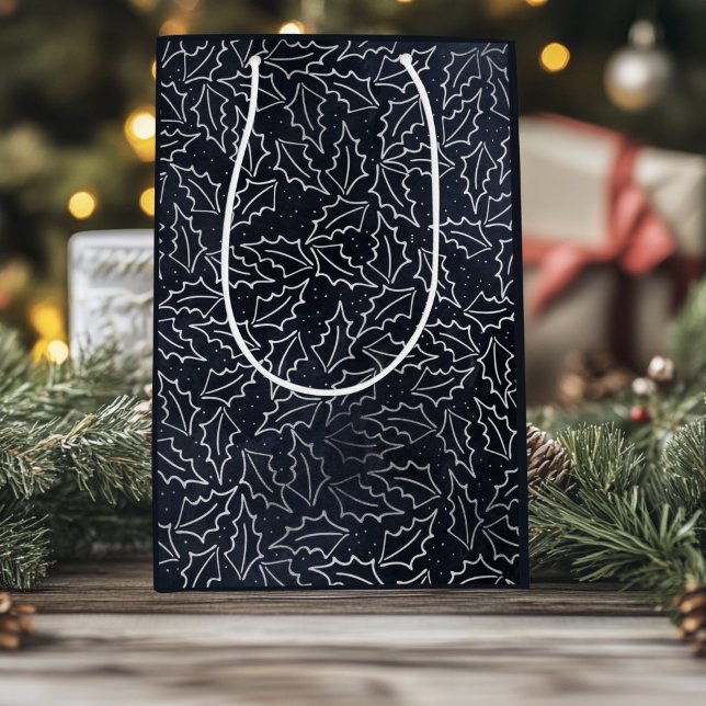 Sacola Para Presentes Média Cartão-postal de feriado marinho e prata (Criador carregado)