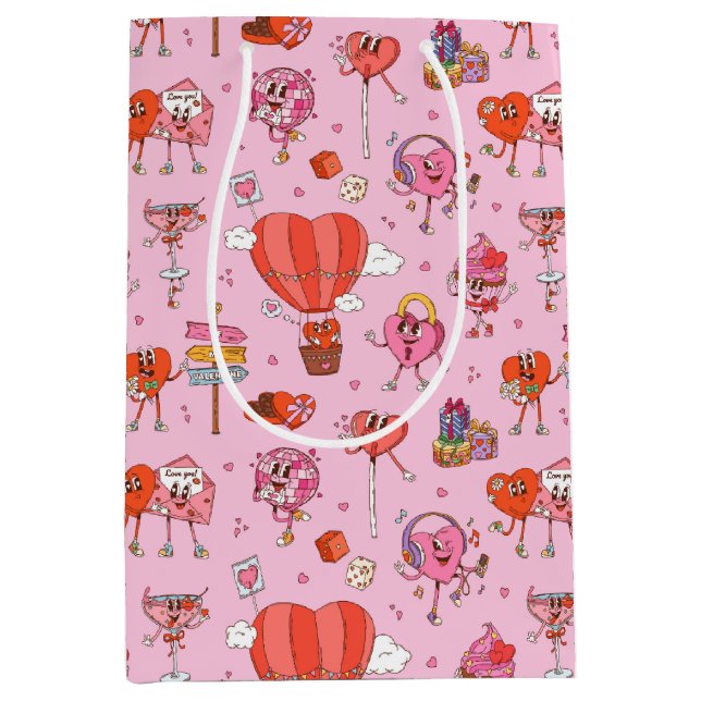 Sacola Para Presentes Média Cartões do Namorados Retro Groovy (Frente)