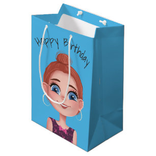 Sacola Para Presentes Média Cartoon Birthday Girl On Aqua