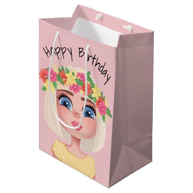 Sacola Para Presentes Média Cartoon Birthday Girl On Pink (Frente inclinada)