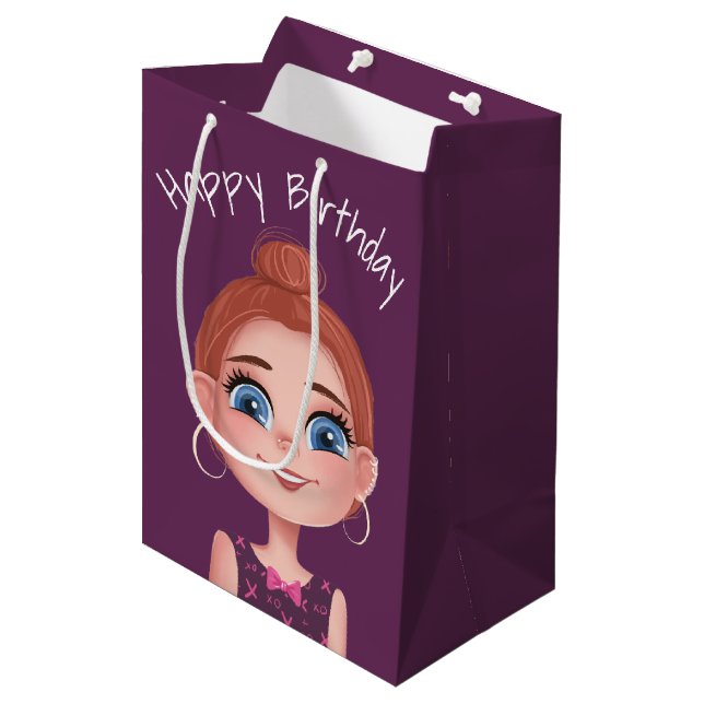 Sacola Para Presentes Média Cartoon Birthday Girl On Purple (Frente inclinada)