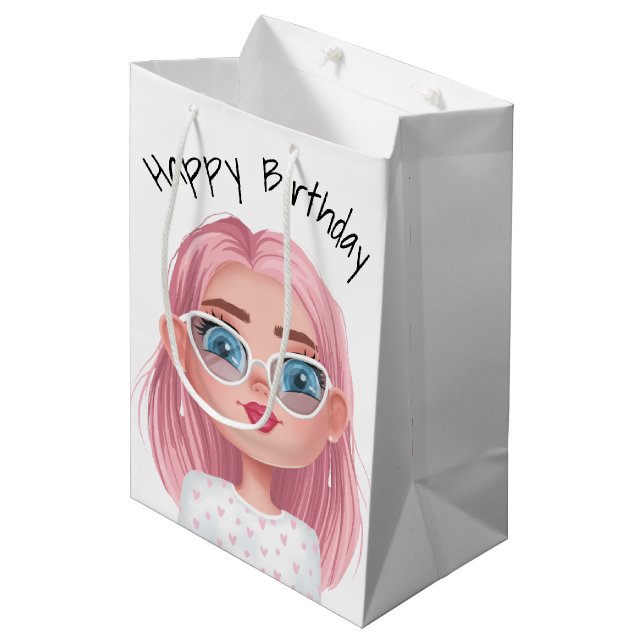 Sacola Para Presentes Média Cartoon Birthday Girl On White (Frente inclinada)