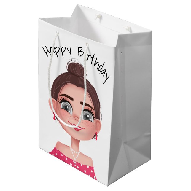 Sacola Para Presentes Média Cartoon Birthday Girl On White (Frente inclinada)