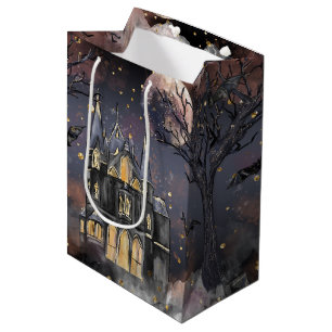 Sacola Para Presentes Média Casa Assombrada Árvore lunar e morcegos
