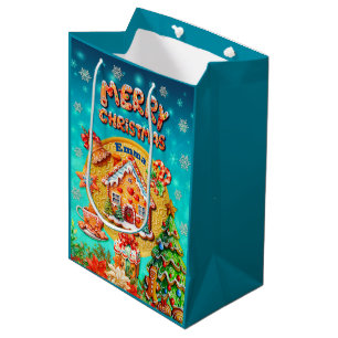 Sacola Para Presentes Média Casa de Doces de Natal em Pão de Mel e Ano Novo