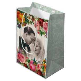 Sacola Para Presentes Média Casal de Vintage no Amor Rosas de Casamento Dão Sa