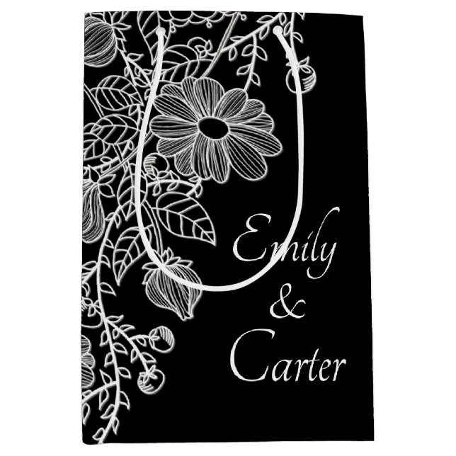 Sacola Para Presentes Média Casamento Branco Em Preto (Frente)