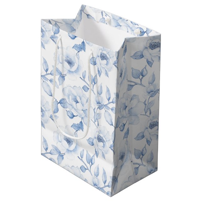 Sacola Para Presentes Média Casamento Chá de panela Floral Branco Chic Blue (Frente inclinada)
