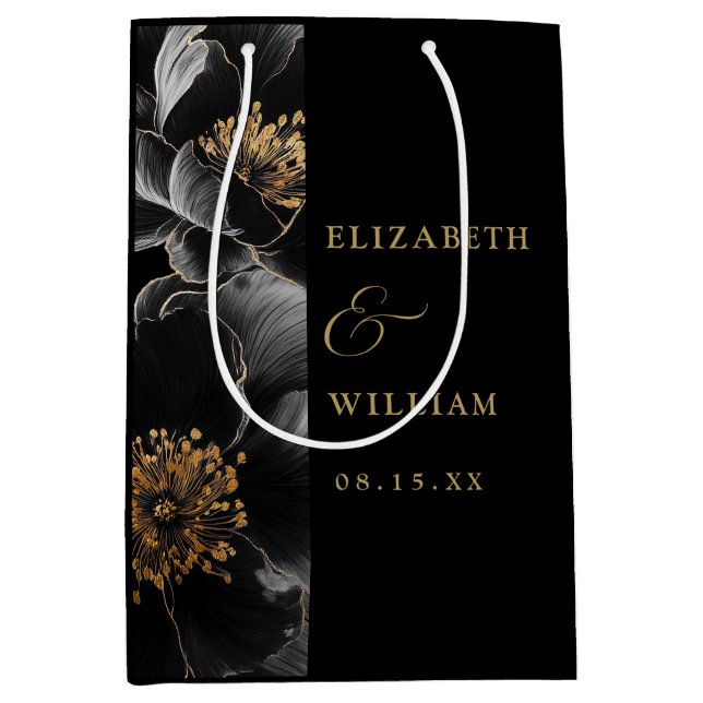 Sacola Para Presentes Média Casamento Chic Floral Moderno E Dourado Elegante (Frente)