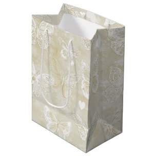 Sacola Para Presentes Média Casamento Corações Borboletas Creme Marfim Românti