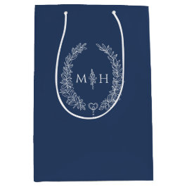 Sacola Para Presentes Média Casamento da coroa azul-escura da coroa oval, mono