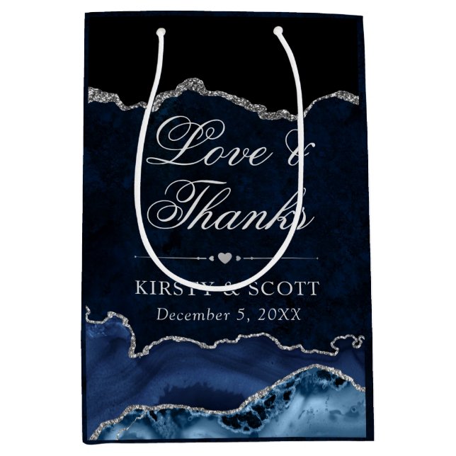 Sacola Para Presentes Média Casamento de Agatos de Grelha Azul e Silver (Frente)