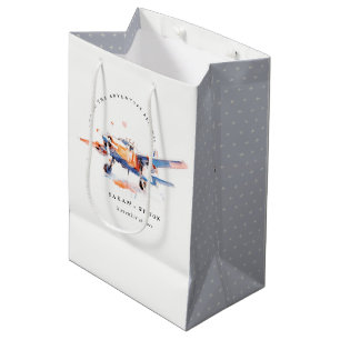 Sacola Para Presentes Média Casamento de Avião com Cor de Água Azul Blush
